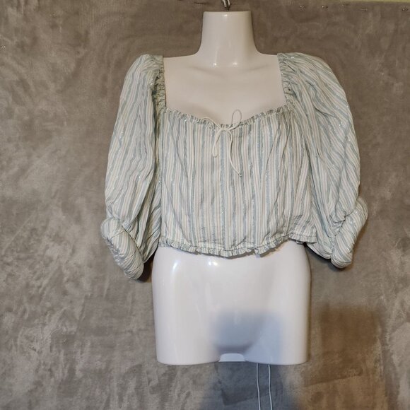For Love/Lemons Leslie Puff Sleeve Crop Corset Women's 1X Blue/White Striped Top - Picture 6 of 7